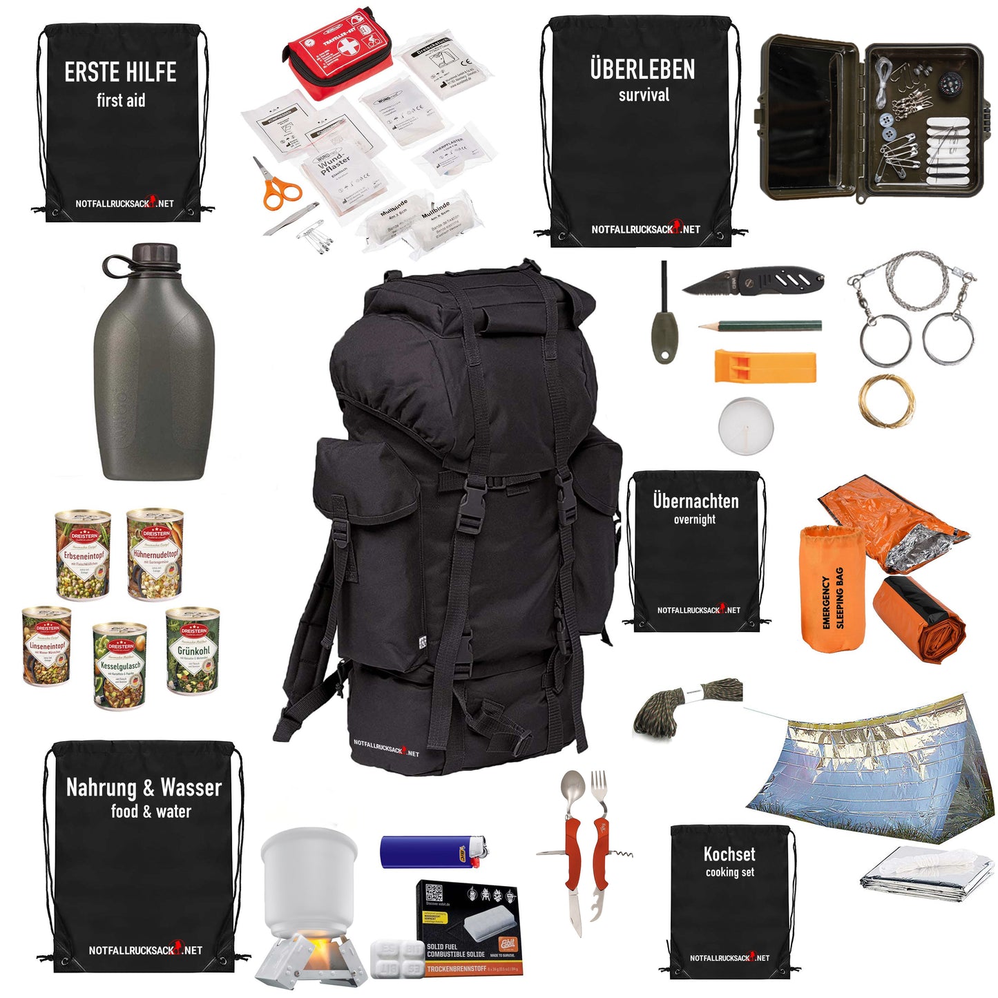 Mochila de emergencia básica - incluye comida, dormir, primeros auxilios