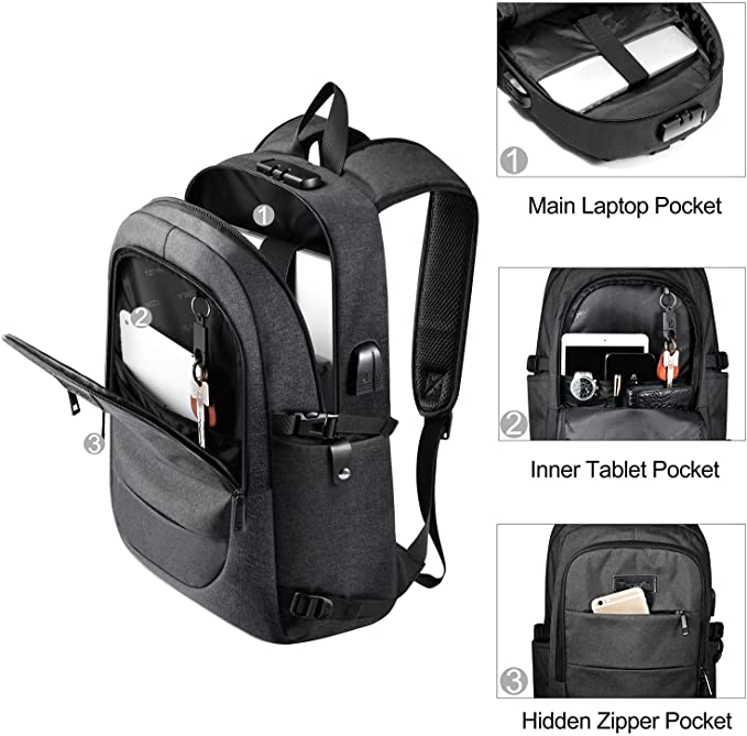 Mochila para portátil para hombre, resistente al agua, antirrobo, para escuela, con puerto de carga USB y candado, bolsa para portátil de 14/15,6 pulgadas, para mujeres, niños, ocio, trabajo, viaje, mochila negra