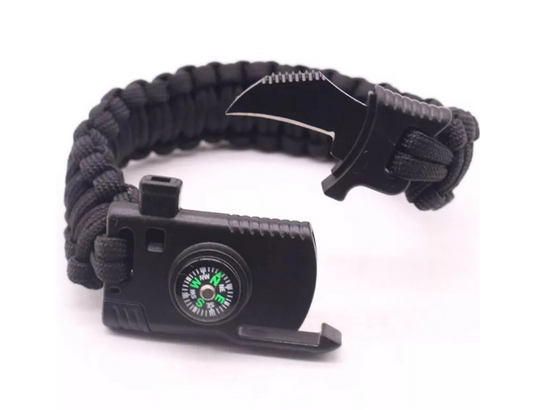 Ausverkauf: Multifunktionales Notfall-Armband mit Messer, Signalpfeife, Kompass und Feuerstein - Survival-Armband - Notarmband - Notorientierung/Notfeuer - Outdoor-Armband - schwarz