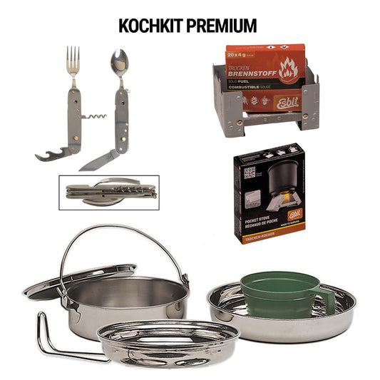 Kit de cocina - Camping Starter Kit Comida con vajilla, estufa plegable con combustible, cuchillo con cubiertos