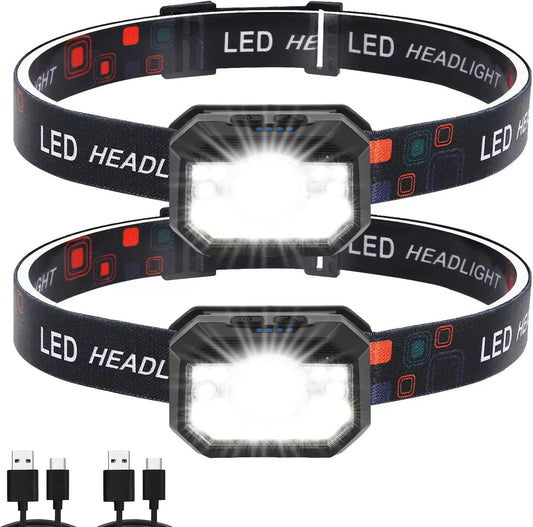 Pack de 2 linternas frontales LED recargables, 2000 lúmenes con 11 modos y sensor, resistente al agua IPX4