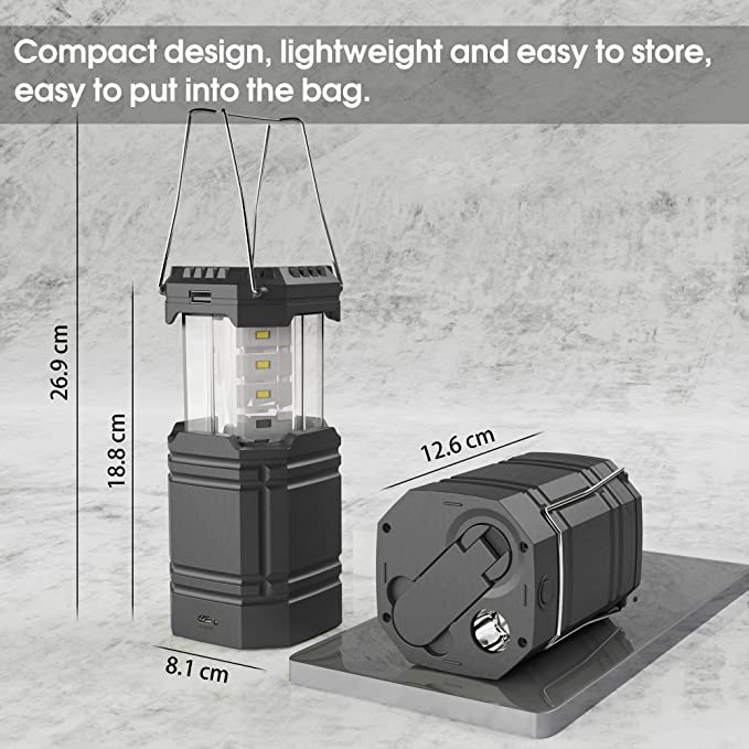 Linterna solar con manivela para acampar, linterna LED ultrabrillante portátil, 30-35 horas de tiempo de ejecución, cargador USB, banco de energía de 3000 mAh, linterna electrónica para exteriores, lectura de senderismo, emergencia