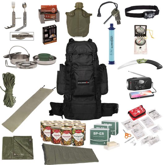 Emergency Backpack Premium Extended (doble ración de comida) - Kit de supervivencia completo con radio solar